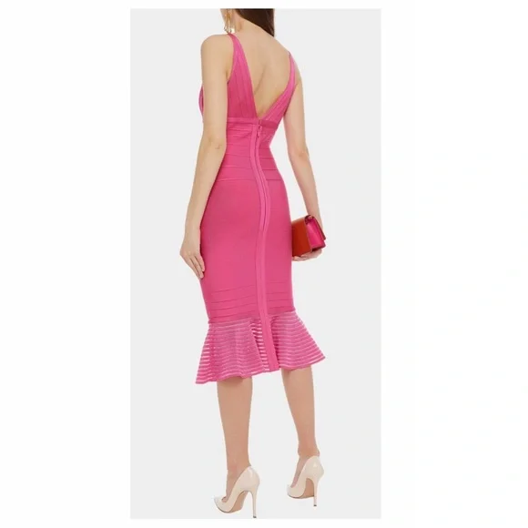 Herve Leger Pink Ruffled Bodycon Midi Dress - Picture 2 of 11